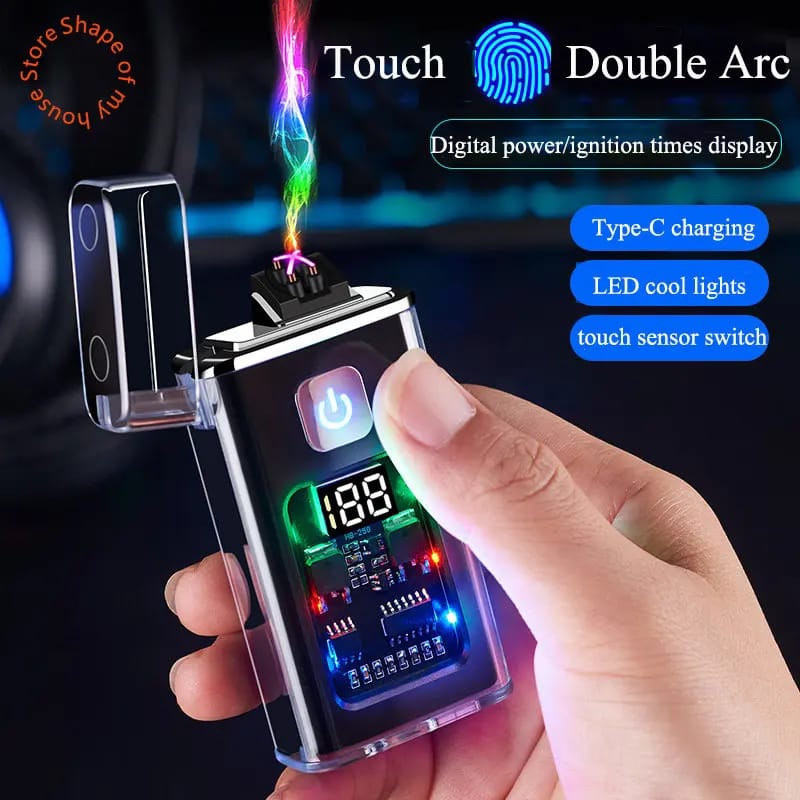 LEVGRY Dual Arc Lighter Transparent Shell Waterproof Lighter Windproof Lighter Electric Lighter with LED Flashlight Rechargeable USB Lighter Flameless Plasma Lighter with Lanyard
